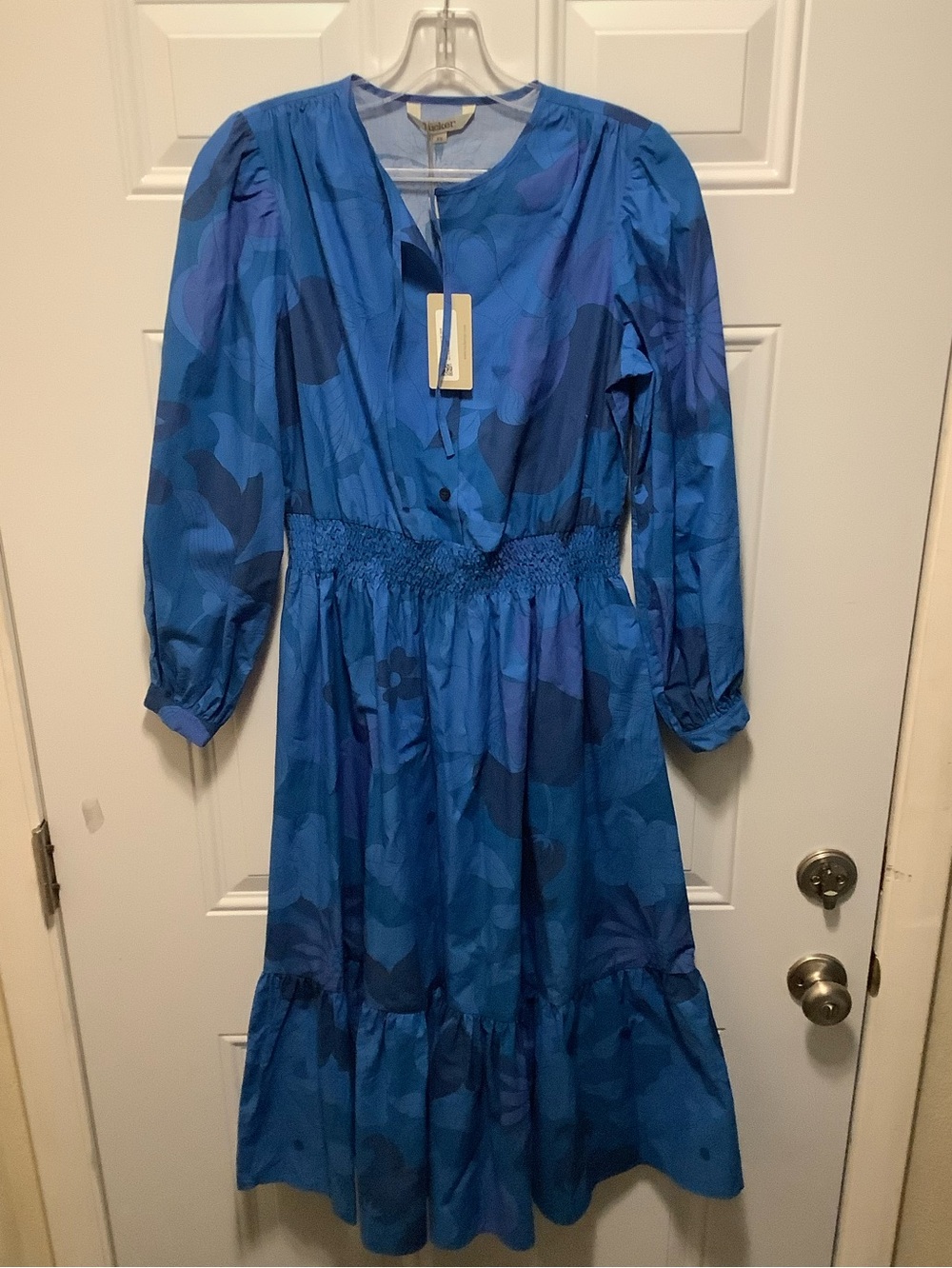 Tucker NYC| Juliette Blue Retro Floral Tiered Sz XS Dress Modest Organic Cotton
